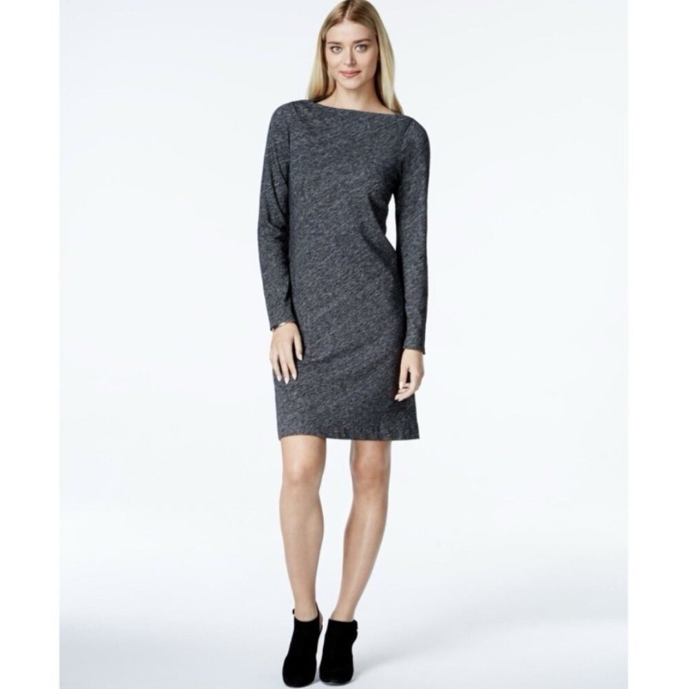 Eileen Fisher XS Bateau Neck Dress Gray Boat Neck Long Sleeve Mini Dress Wool